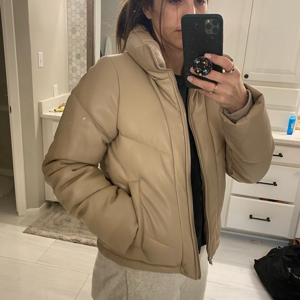 Abercrombie & Fitch Faux Leather Puffer in cafe latte color